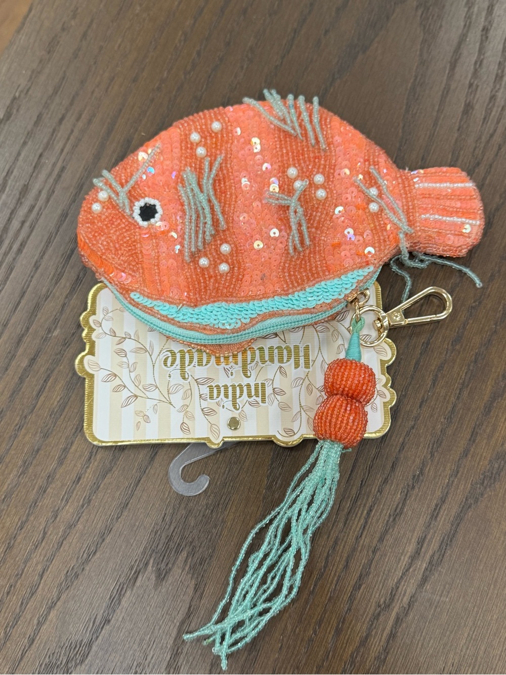 Orange Beaded Fish Coin Purse with Aqua Trim